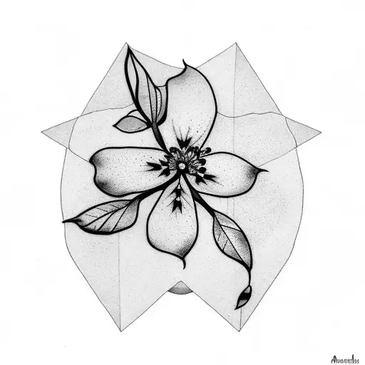 A Minimalist Tattoo Featuring A Single Cherry Blossom Resting On A Triangular Leaf