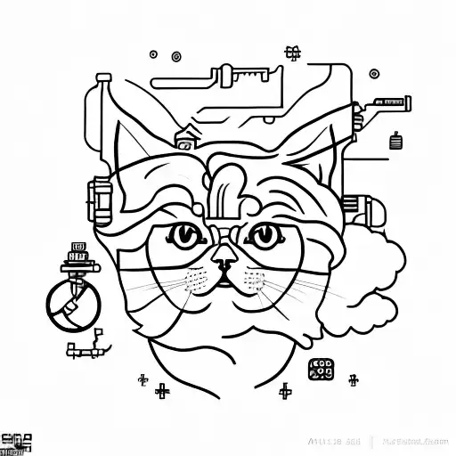 A Minimalist Tattoo Featuring A Persian Cat Surrounded By Technological Elements