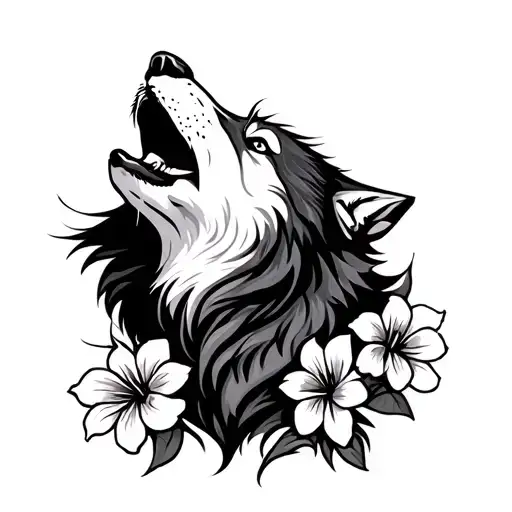 Wolf Howling With 2 Flowers