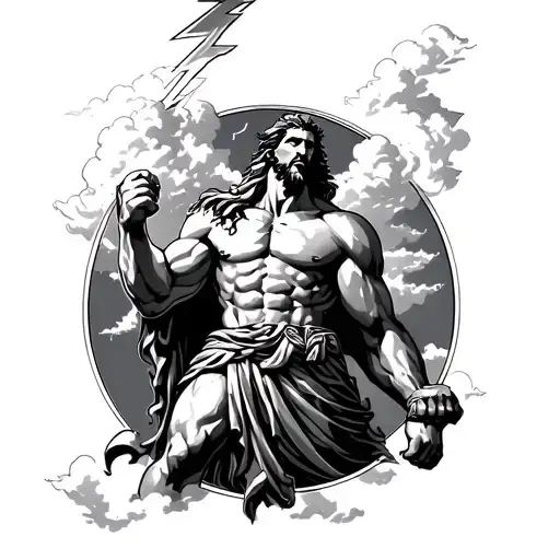 A Greek Mythology Titan Holding A Lighting Bolt In The Air In Clouds Realistic