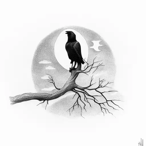 Illustration Of A Raven Perched On A Moonlit Branch In A Dense Dark Forest