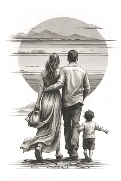Father Mother And Son Walking Towards The Horizon