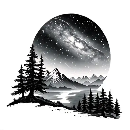 Nature Scene With Trees And Mountains And Galaxy
