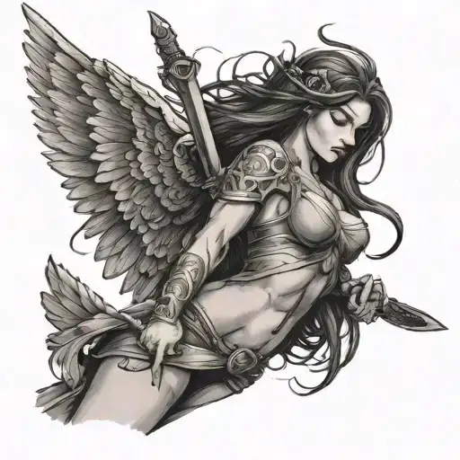 Angel Girl With Wings Staying On Top Of The Man And Cutting Man's Belly With Katana Sword