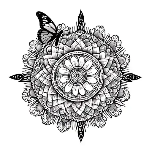 Mandala Design Incorporating A Butterfly And Sea Turtle