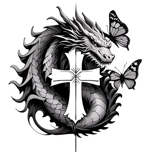 Dragon Tattoo With Cross Surrounded With Butterflies