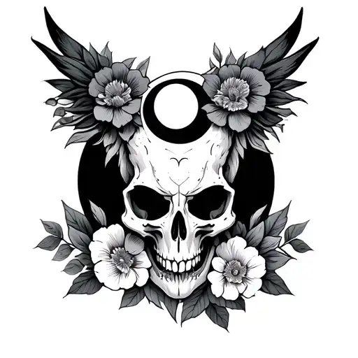 Khonshu Long Bird Skull With Crescent Moon On Forehead With Flowers Behind The Skull