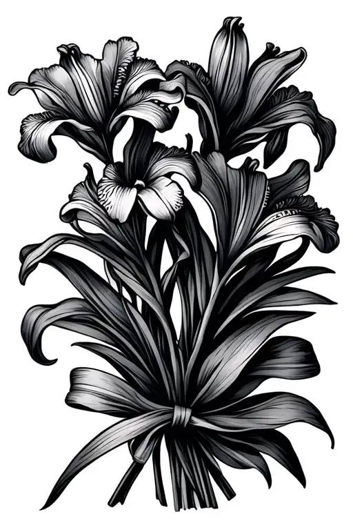 Iris And Lily Flower Bouquet Tied Togther With A Ribbon Fine Line