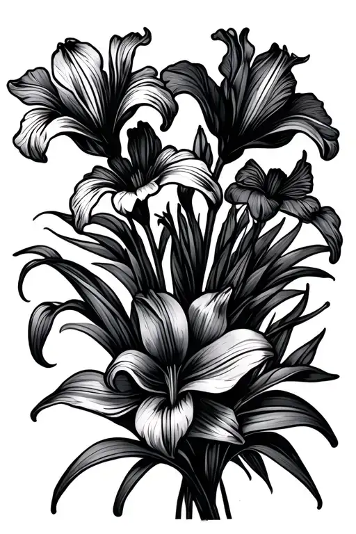 Iris And Lily Flower Bouquet Fine Line With Some Extra Flowers