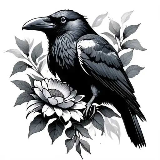 Raven Looking Up While Holding A Flower