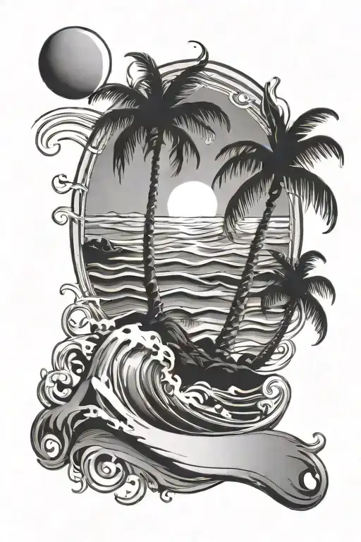 Ocean Waves With Palm Tree And A Sun With Rays Coming Down