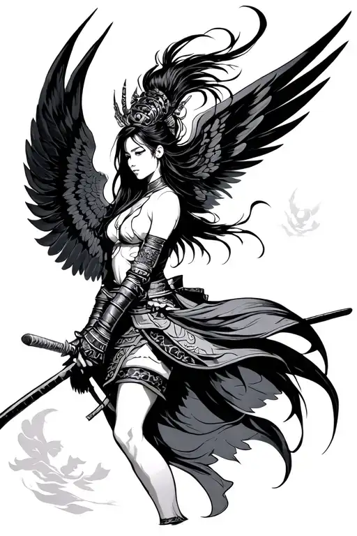 Woman With Wings Standing Sideways Samurai