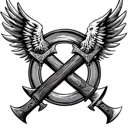 5 Interlocked Circles With Firefighter Axes Crossing Behind And Phoenix Wings From The Sides