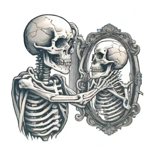 Skeleton Looking In Mirror Reflecting A Ghost