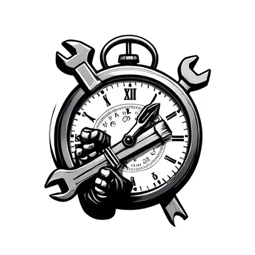 Clock And Auto Mechanic Holding A Wrench