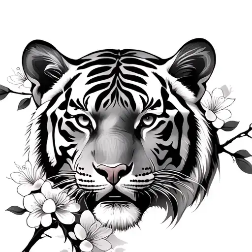 Realistic Tiger With Cherry Blossoms And An Hourglass