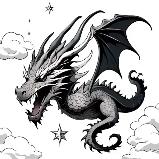 Dragon Magical Looking With Clouds And Stars Fine Line