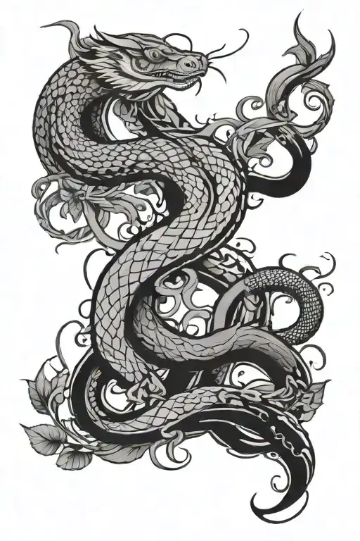 Chinese Letters At The Top And A Snake Along With Vines Leading Down And A Crescent Moon