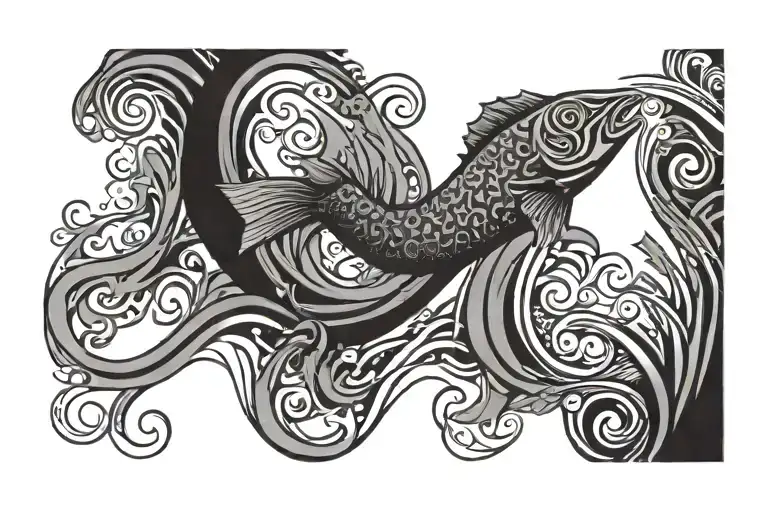 Tribal Band Tattoo Waves And One Fish Swimming