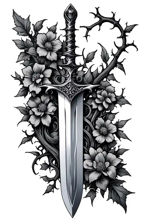 Sword Made Of Vines With Thorns And Flowers Growing