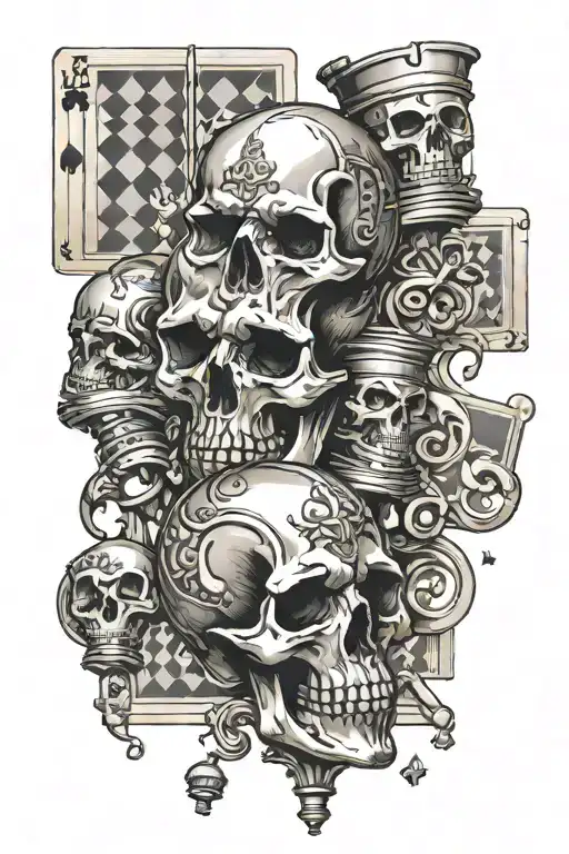Chess Pieces With Cards Forming The Shape Of A Skull