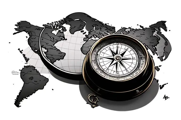 Nautical World Map Compass Laying Over The Top
