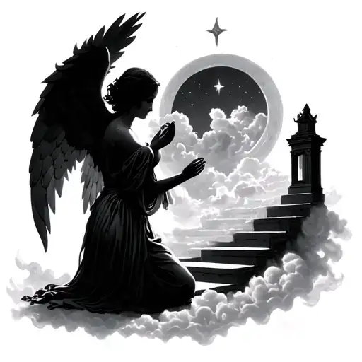 Female Angel On Knees In Cloud & Stairway To Heaven Gates