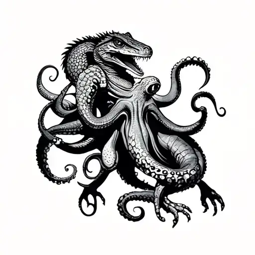 Octopus Fighting A Lizard Man Warrior