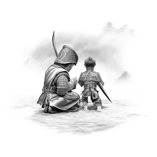 Boy Praying On His Knees While Guardian Warrior Angles Overlook