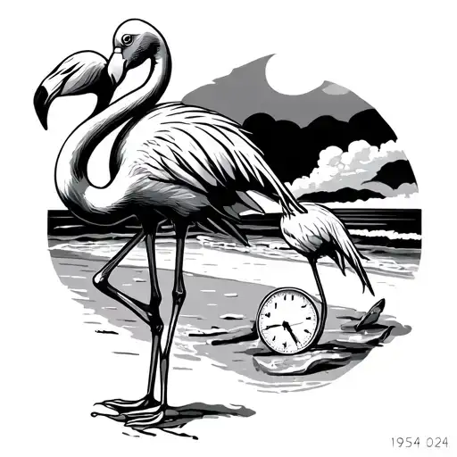 Flamingo Standing On A Beach With 1959 And 2024 And A Clock