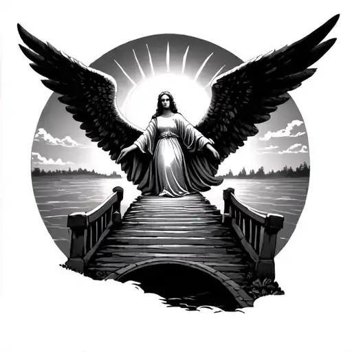 Bridge Leading To Angel In Front Of Sunshine Comes