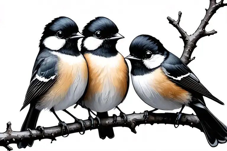 Three Black Capped Chickadees On Branches