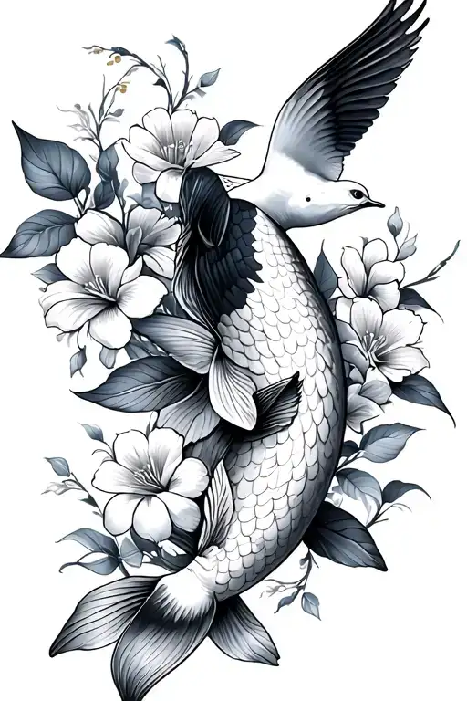 Flowers Koi Fish Dove Flying