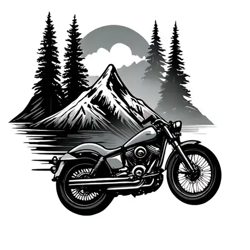 Vertical Lines With A Mountain And A Motorcycle