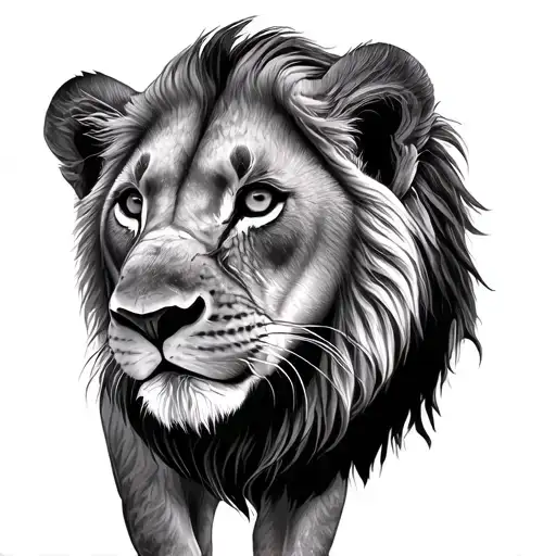 Lion And Cub Face Photo Realistic Outline Drawing