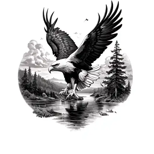 Eagle With Wings Spread And Scenery