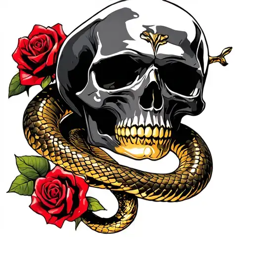 Black Skull With A Gold Snake Raping Around It And Some Red Roses