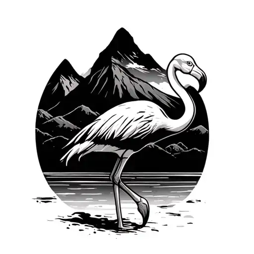 Flamingo Standing On A Beach With Mountains In The Background And