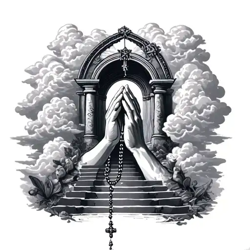 Praying Hands Holding A Rosary Surrounded By Clouds With Staircases To Heavens Gate