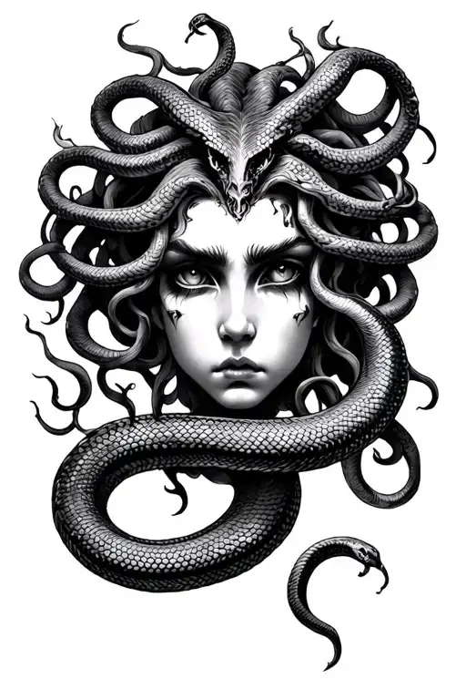 Medusa Portrait Style Tattoo Featuring Sad Eyes And Snake Hair