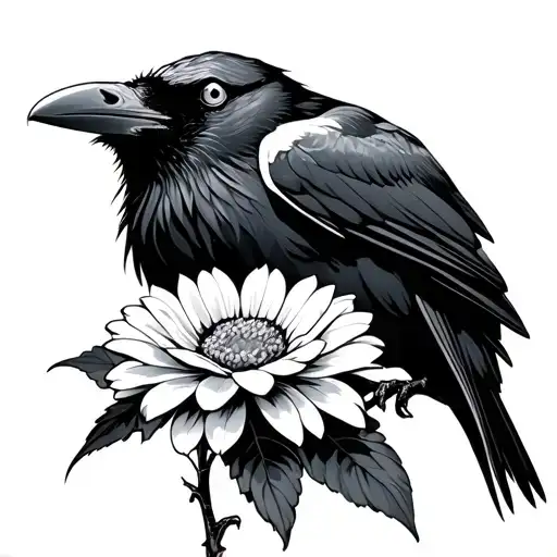 Raven Looking Up While Holding A Flower