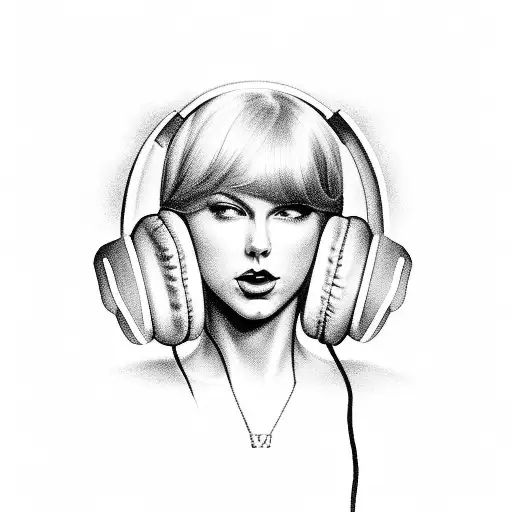 A Black And Grey Portrait Of Taylor Swift With Headphones On