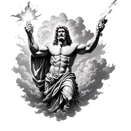 A Greek Mythology Zeus Holding A Lighting Bolt In The Air In Clouds Realistic