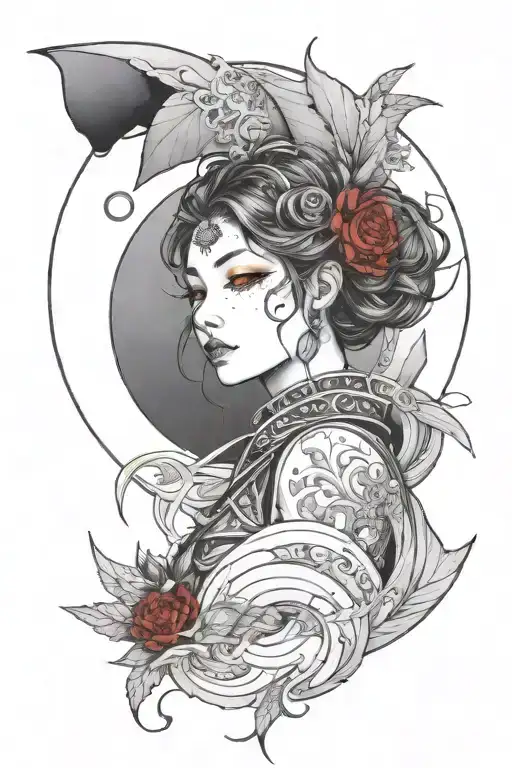 A Red Moon With Intricate Lineart Of A Woman Anime