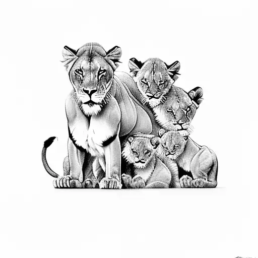 A Black And Grey Tattoo Of A Lioness Cuddling With Her Four Adorable Cubs
