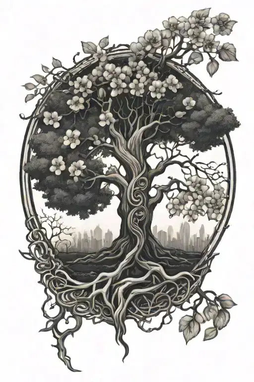Yggdrasil With Krishna At The Top And A Dogwood Flower In The Roots
