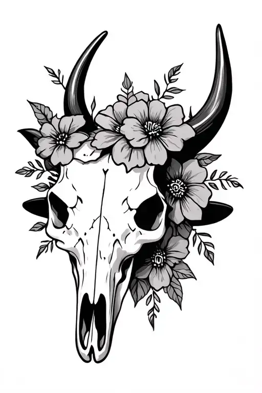 Western Bull Skull Flowers Mandela Design With Elements