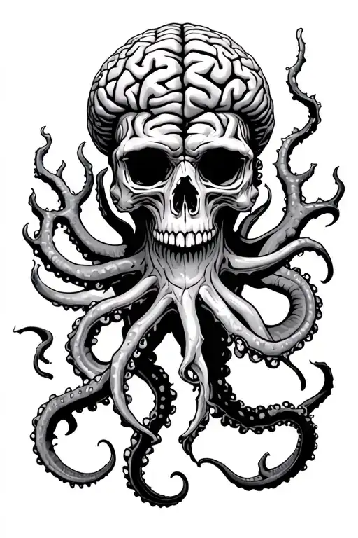 Kraken With Skull Face With Cracked Skull With Brain As Coral