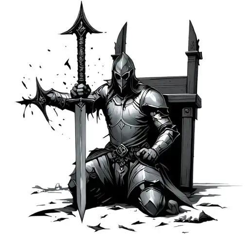 Tattered Knight Kneeling To Empty Throne Holding A Broken Sword