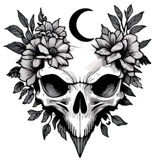 Bird Skull With Crescent Moon On Forehead With Flowers Behind